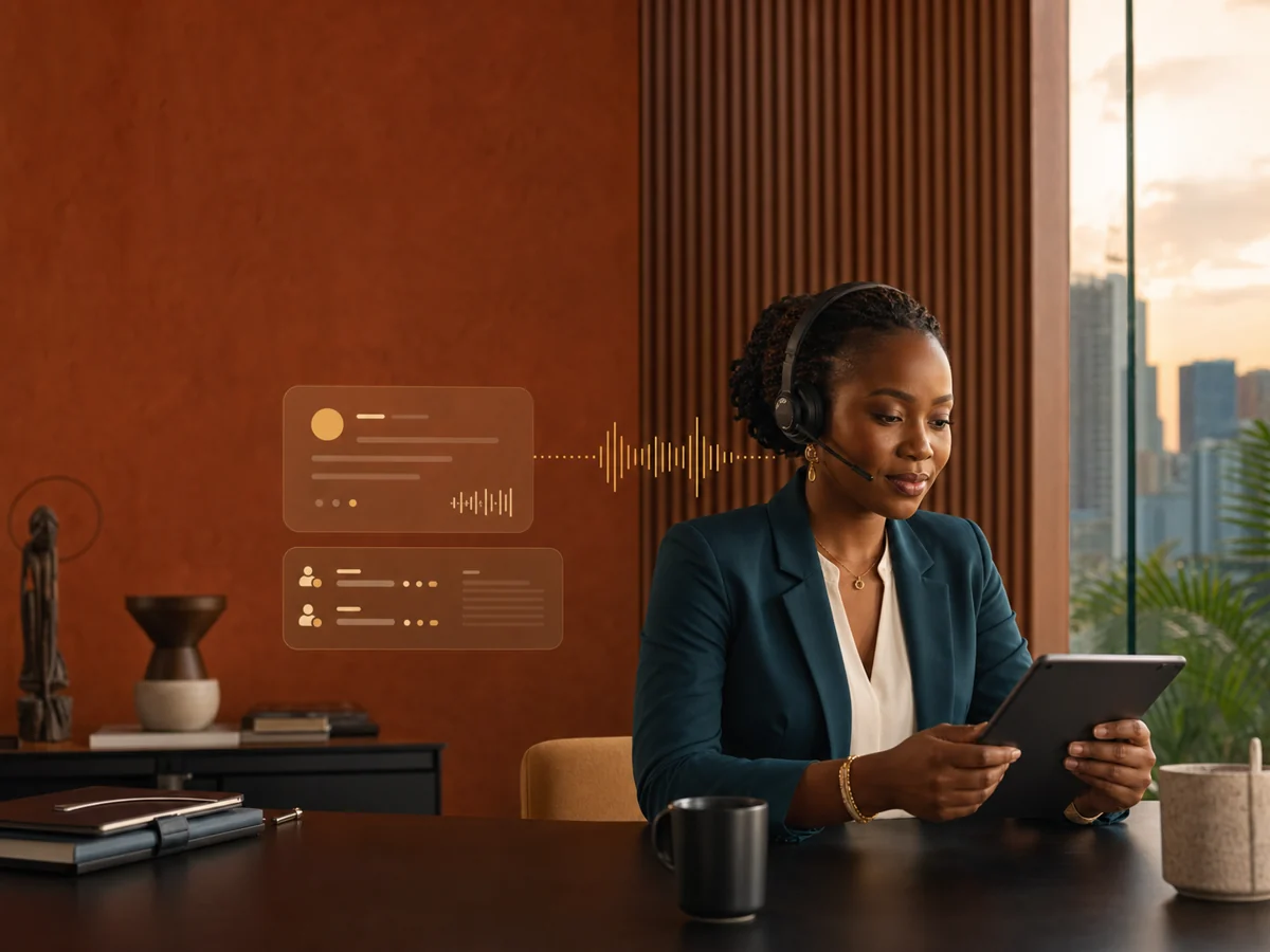 Responsable ivoirienne traitant un appel assisté par un employé IA vocal
